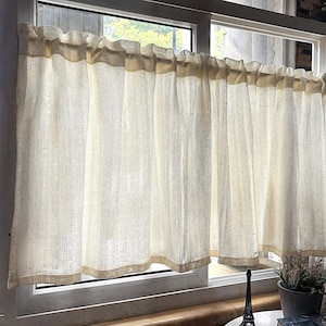 Linen Blend Coffee Curtain, Pleated Sheer Farmhouse Tier Curtain