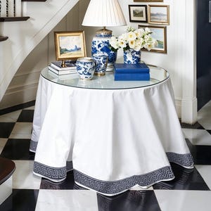 Custom Round White Table Skirt,Pleated Ruffled Cotton Linen Table Skirt With Blue Trim,White Tablecloth,Table Covering,Homey Style