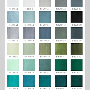 K&ouml;nnte beinhalten: Eine Farbkarte mit dem Titel HH208 Velvet series, die f&uuml;nfunddrei&szlig;ig quadratische Stoffmuster in verschiedenen Wei&szlig;-, Grau-, Blau-, Gr&uuml;n- und Schwarzt&ouml;nen zeigt. Jedes Muster ist mit einem eindeutigen alphanumerischen Code wie HH208-61 und HH208-49 versehen.