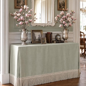 Light Green Rectangular Pleated Table skirt With Tassel