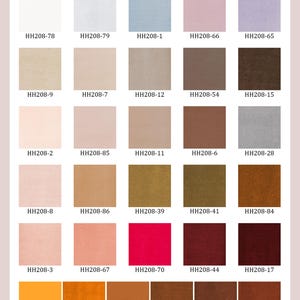K&ouml;nnte beinhalten: Eine Farbkarte mit dem Titel HH208 Velvet series, die ein Raster aus drei&szlig;ig Stoffmustern in verschiedenen Farbt&ouml;nen zeigt, darunter Wei&szlig;, Grau, Blau, Rosa, Lila, Beige, Braun, Hellbraun, Oliv, Orange, Rot und Kastanienbraun, jeweils mit Code.
