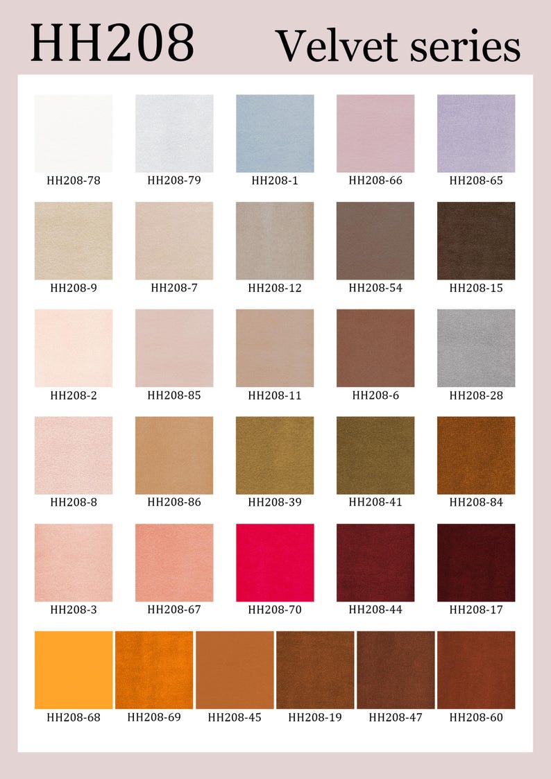 K&ouml;nnte beinhalten: Eine Farbkarte mit dem Titel HH208 Velvet series, die ein Raster aus drei&szlig;ig Stoffmustern in verschiedenen Farbt&ouml;nen zeigt, darunter Wei&szlig;, Grau, Blau, Rosa, Lila, Beige, Braun, Hellbraun, Oliv, Orange, Rot und Kastanienbraun, jeweils mit Code.