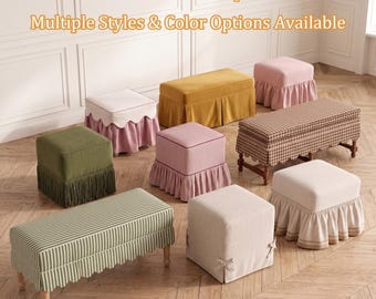 Custom Linen Ottoman Slipcover, Square & Rectangular Storage Bench Cover, Ruffle Skirt Footstool Slip Cover with Bow Fringe Scalloped Hem