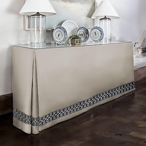 Rectangular Pleated White Tableskirt With Decorative Trim,Custom Cotton Linen Table Skirt,Elevate Your Living Space with Elegance