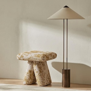 Golden Jacquard Mushroom Stool, Cream Floral Accent Footstool, Unique Tripod Ottoman for Living Room Entryway Decor