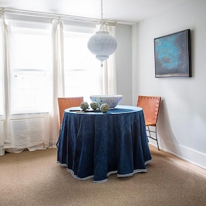 Custom Round Navy Blue Table Skirt,Pleated Ruffled Cotton Linen Table Skirt With Decorative Piping,Fitted Custom Tablecloth,Table Covering