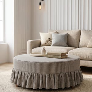 Op de afbeelding: Een ronde poef bekleed met beige en wit gestreepte stof, voorzien van een geplooide rok rond de basis. Het bovenoppervlak bevat een rond dienblad, een kleine keramische vaas met een gedroogde plantenstengel en twee op elkaar gestapelde boeken.
