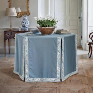 Polygon Pleated Tableskirt With Decorative Trim,Soft Blue Table Skirt,Custom Linen Table Skirt,Pleated Table Cover,Living Room Decor