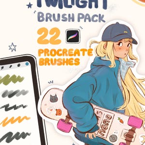May include: A digital illustration of a blonde character wearing a blue jacket and cap, holding a skateboard with stickers. The text reads TWILIGHT BRUSH PACK 22 PROCREATE BRUSHES. A tablet screen displays various textured brush strokes in different colors.