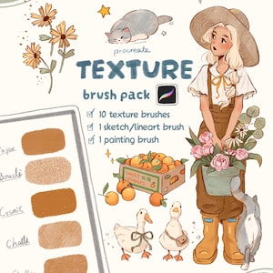 May include: A digital illustration for a Procreate texture brush pack featuring a person in a hat and overalls holding a bucket of flowers, a cat, two ducks, a crate of oranges, and a list of 10 texture brushes, 1 sketch brush, and 1 painting brush.