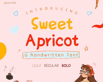 Può includere: Illustrazione digitale su sfondo rosa che promuove un font scritto a mano chiamato "Sweet Apricot". L'immagine include un calendario, un taccuino, una borraccia e un cartone animato di una persona, con il testo "LIGHT REGULAR BOLD".