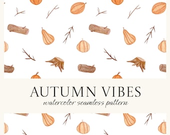 Watercolor Pumpkin Seamless Pattern: Autumn Leaves Scrapbook Paper (PNG JPG Digital Download)