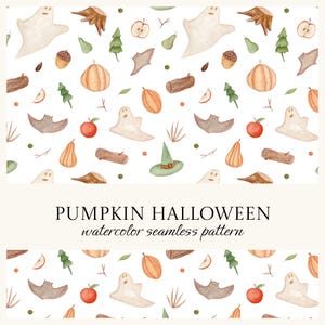 May include: Watercolor seamless pattern featuring pumpkins, ghosts, bats, apples, pears, and a witch's hat. The design includes the text "PUMPKIN HALLOWEEN watercolor seamless pattern" in a decorative font. The pattern is set against a white background.