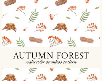 Autumn Forest Watercolor Seamless Pattern: Fall Leaves Scrapbook Paper (PNG JPG Digital Download)