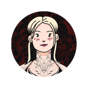 May include: A circular digital illustration of a person with blonde hair, pink cheek markings, and a detailed black ink tattoo covering their neck and chest. The background features a dark red and black floral pattern with bold outlines.