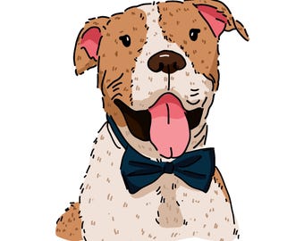 Puede incluir: Una ilustración digital de un perro con pelaje manchado de color marrón y blanco, que lleva una pajarita azul oscuro. El perro tiene una franja blanca en la cara, una nariz marrón oscuro y la lengua rosa fuera. El estilo presenta contornos negros.