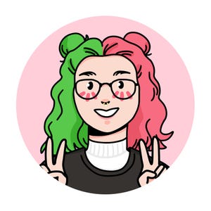 May include: Illustration of a person with half green and half pink hair, wearing glasses and a black shirt, giving a peace sign with both hands.