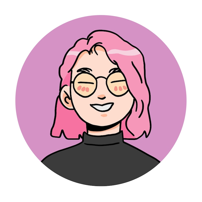May include: Illustration of a person with pink hair wearing round glasses and a black turtleneck shirt. The person is smiling and has a pink background.