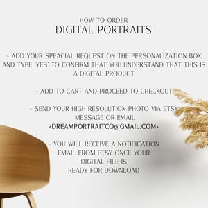 May include: How to order digital portraits. Instructions for ordering a digital portrait, including adding a special request, confirming the order, adding to cart, sending a high resolution photo via Etsy message or email, and receiving a notification email from Etsy once the digital file is ready for download. The email address is provided: <DREAMPORTRAITCO@GMAIL.COM>