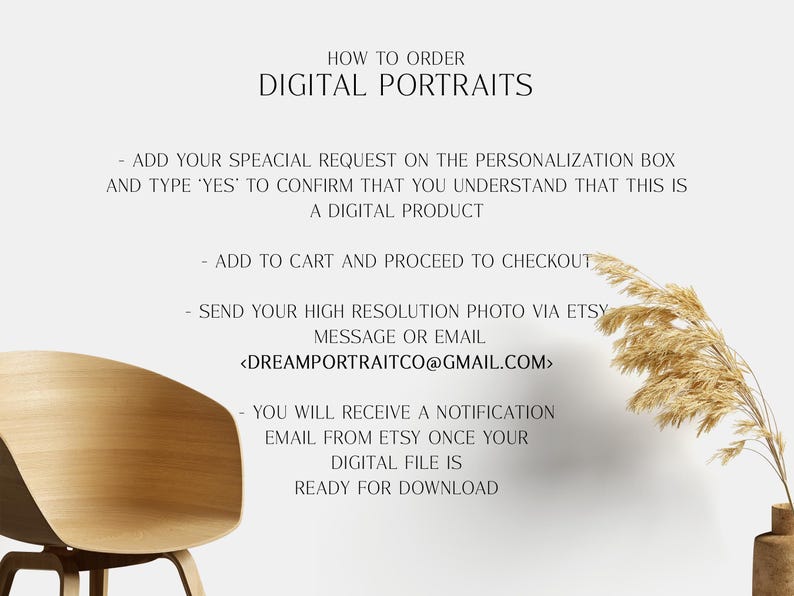 May include: How to order digital portraits. Instructions for ordering a digital portrait, including adding a special request, confirming the order, adding to cart, sending a high resolution photo via Etsy message or email, and receiving a notification email from Etsy once the digital file is ready for download. The email address is provided: <DREAMPORTRAITCO@GMAIL.COM>