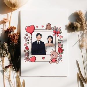 Custom Valentines Card Valentines Day Portrait Couple Personalized Valentines Photo Card Anime Cartoon Couple Line Art Custom Valentine Gift