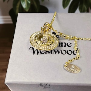 Vivienne Westwood Necklace, 925 Silver And Gold Plated CZ Diamond Saturn Pendant, Crystal Orb Chain Jewelry Gift A08