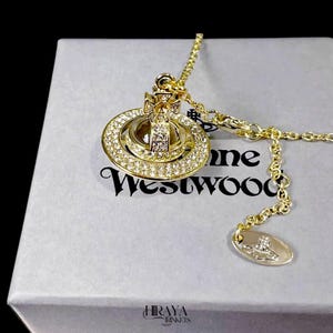 Vivienne Westwood Orb Necklace, Gold Pink Silver Pendant, CZ Diamond Crystal Saturn Ball Choker, Designer Statement Jewelry A018