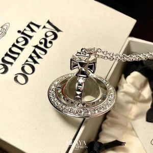 Vivienne Westwood Saturn Necklace, CZ Crystal Orb Pendant, Silver Pink Or Gold, Elegant Statement Jewelry For Women, Gift Box Included A017