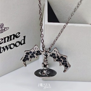 Vivienne Westwood Bat Necklace, Wings 3D Orb Gothic Pendant, Silver Chain, Alt Jewelry, Halloween Gift, Punk Necklace, Gift for Her A06