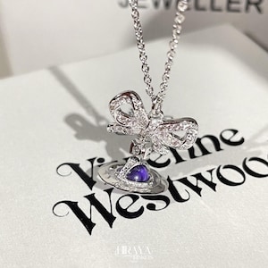 Vivienne Westwood Necklace, CZ Diamond Bow Saturn Pendant, Gold Silver Pink Crystal Ball Jewelry Set, Bracelet Earrings Choker A019