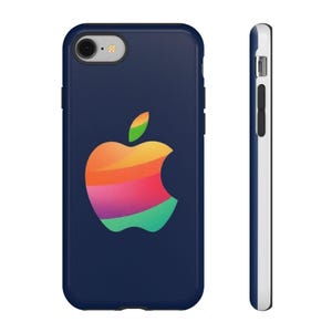 May include: A navy blue phone case featuring a colorful apple logo. The logo incorporates a gradient of colors, including green, yellow, orange, and pink. The case is shown from the front and side.