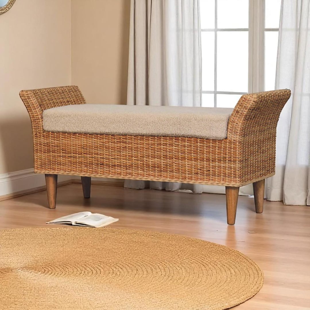 Small Rounded Ratan Bench Handcrafted Riviera Woven Bench – Rattan Entryway Bench With Bouclé ...