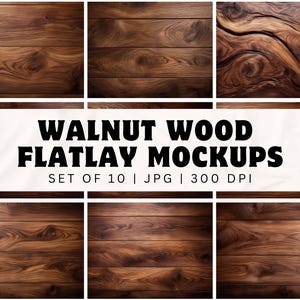 May include: Set of 10 walnut wood flatlay mockups, perfect for product photography. Each image is a high-resolution JPG file at 300 DPI.