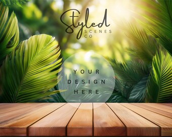Tropical Digital Background Mockup Outdoor Styled Photography Beach Scene Creator Wood Table Top Styled Stock Photography Digital Backdrop