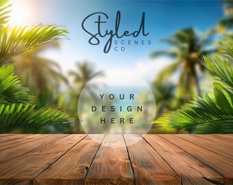 Tropical Digital Background Mockup Outdoor Styled Photography Beach Scene Creator Wood Table Top Styled Stock Photography Digital Backdrop