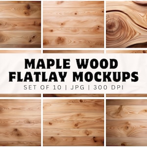 Puede incluir: Un conjunto de diez maquetas de presentación plana de madera de arce con diferentes patrones de vetas. La imagen incluye primeros planos de la textura de la madera y el texto "MAPLE WOOD FLATLAY MOCKUPS SET OF 10 | JPG | 300 DPI".