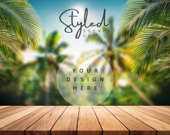 Tropical Digital Background Mockup Outdoor Styled Photography Beach Scene Creator Wood Table Top Styled Stock Photography Digital Backdrop