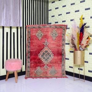 Vintage Moroccan Boujaad Rug Handmade Wool Red Berber Rug Boujaad Rug Authentic Moroccan Rug