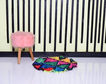 Colorful Round Moroccan Rug 2x2, Vintage Bohemian Rug, Handmade Wool Berber Carpet