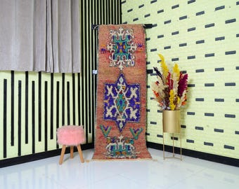 Vintage Moroccan Wool Runner Rug: Geometric Berber Design, 8.2 x 2.6 Ft