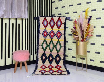 Handmade Berber Azilal Rug: Moroccan Woven Wool, Geometric Design