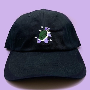 May include: Black baseball cap with an embroidered purple turtle with a green shell and white stars.