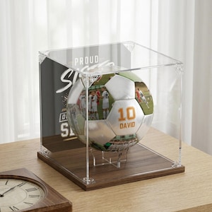 Personalized Soccer Ball Display Case with Wood Base, Custom Acrylic Soccer Display Box Backing Print, Ball Showcase for Size 1 3 5 7 Ball