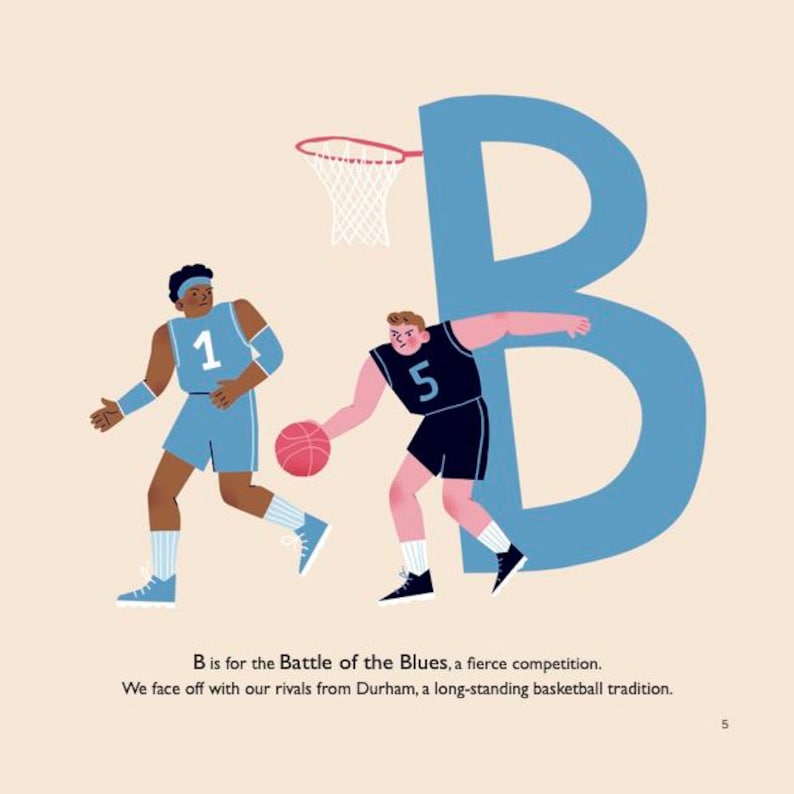 May include: Illustration of two basketball players in blue and black uniforms, with a basketball and a hoop. A large blue letter "B" is in the background. Text reads "B is for the Battle of the Blues, a fierce competition."