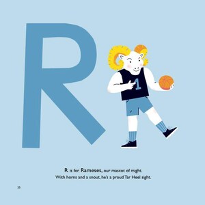 May include: Illustration of the letter "R" in light blue, with a cartoon ram mascot wearing a basketball uniform. The ram holds a basketball. Text reads "R is for Rameses, our mascot of might."