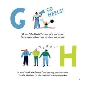 May include: Illustration from a children's book featuring the letters G and H. The letter G is blue, with a person holding a megaphone and a cheerleader. The text reads "Go Heels!". The letter H is green, with three people singing.
