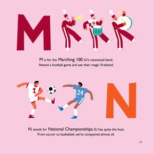 Puede incluir: Una p&aacute;gina de libro con fondo rosa claro que muestra las letras M y N. La letra M es de color rojo oscuro, acompa&ntilde;ada por tres m&uacute;sicos de banda con uniformes rojos y blancos. La letra N es naranja, con dos futbolistas en camisetas.
