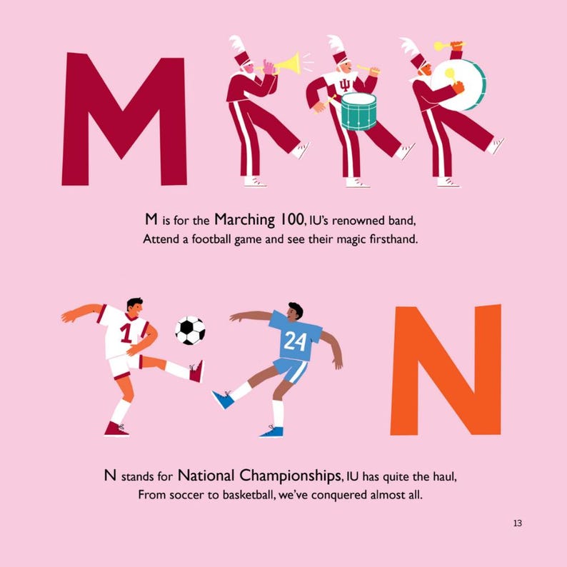 Puede incluir: Una p&aacute;gina de libro con fondo rosa claro que muestra las letras M y N. La letra M es de color rojo oscuro, acompa&ntilde;ada por tres m&uacute;sicos de banda con uniformes rojos y blancos. La letra N es naranja, con dos futbolistas en camisetas.