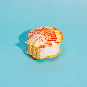 Pode incluir: Um bloco de notas em forma de concha com uma pilha de páginas brancas, presas com um elástico amarelo. A concha é laranja e branca, sobre um fundo azul claro.