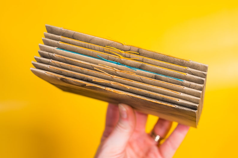 May include: A stack of brown paper notebooks bound with yellow and blue thread. The notebooks are held in a hand.